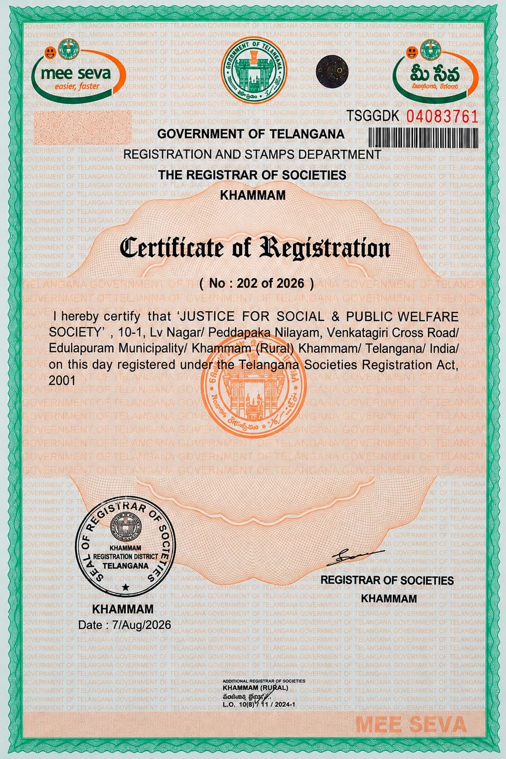 JSPW Society Registration Certificate
